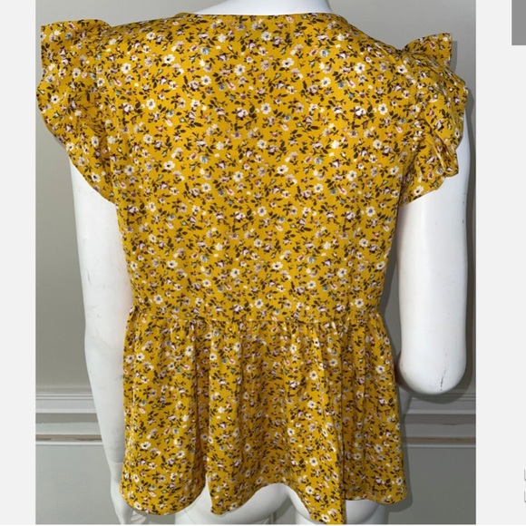 Micki mustard Floral Ruffled Sleeve Blouse top with deep V neck bow detailing - Picture 6 of 9